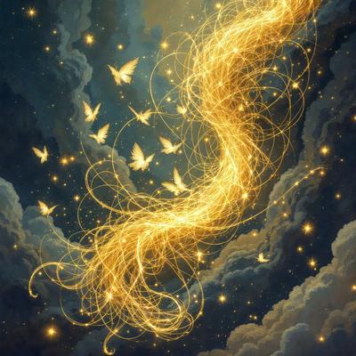 The primary subject of the image is a golden, swirling, and twisting chain of butterflies. The chain is composed of numerous butterflies, each with varying sizes and positions. The setting is a night sky, with the chain of butterflies floating against a backdrop of stars. The visual style is a digital art or illustration, creating a whimsical and dreamy atmosphere. The colors are predominantly gold and shades of blue, with the butterflies adding a touch of warm